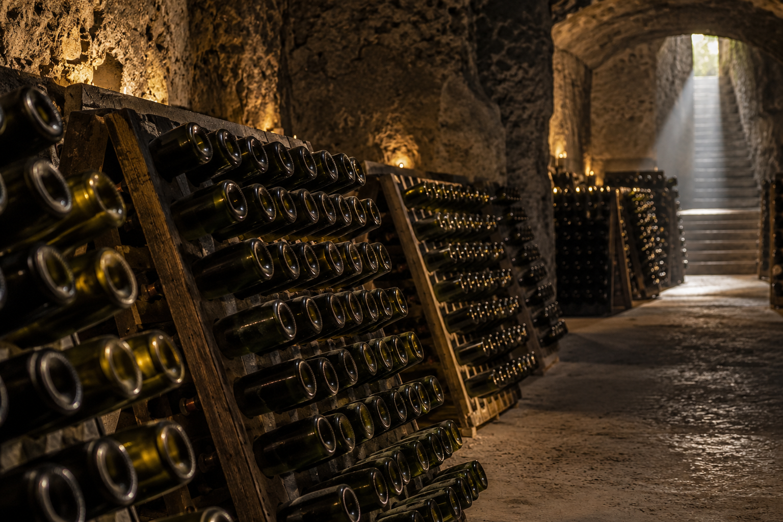 Bottiglie di Champagne in affinamento su pupitres in una cantina di gesso
