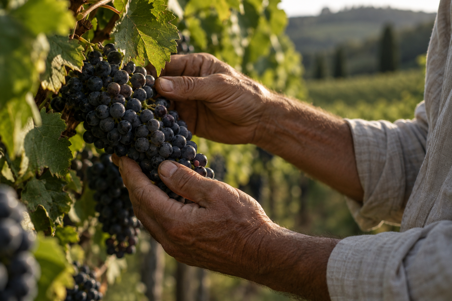 Mani di un vignaiolo che osservano un grappolo d'uva maturo